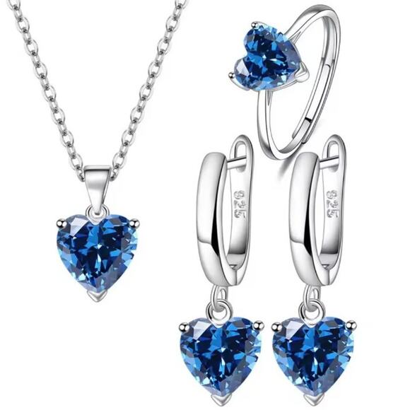 925 Sterling Silver Lab Sapphire Hearts Set Women's Fashion Birthday Anniversary
